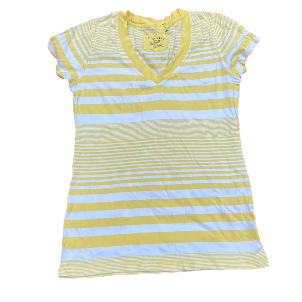 Mountain Lake Yellow White Striped V Neck Tee Short Sleeve Casual Top SIZE M